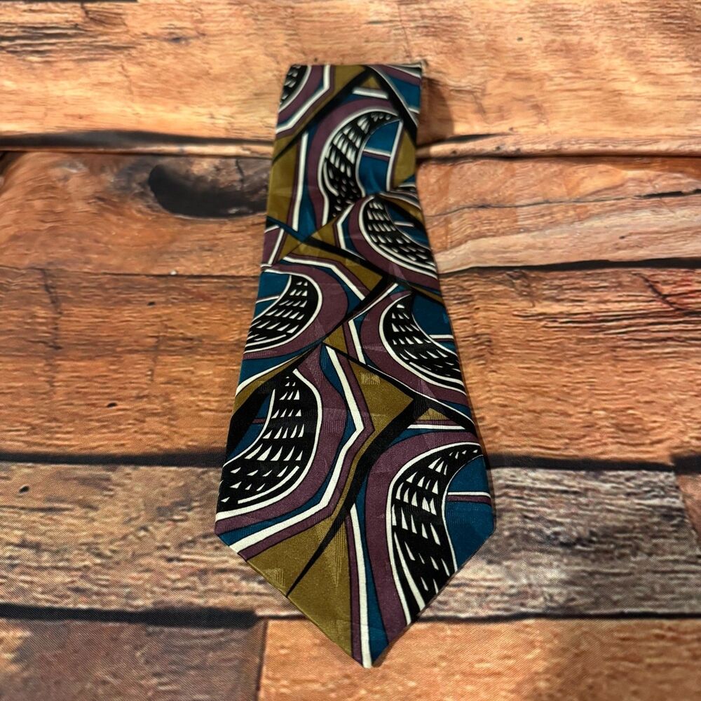 VTG Martin Wong Screenplay Silk Tie Art Deco Geometric Abstract Multi Color USA